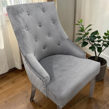 Bentley Dark Grey Velvet Dining Chair With Chrome Legs And Lion Knocker