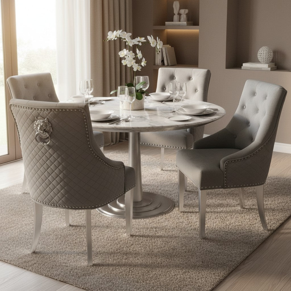Bentley Dark Grey Velvet Dining Chair With Chrome Legs And Lion Knocker