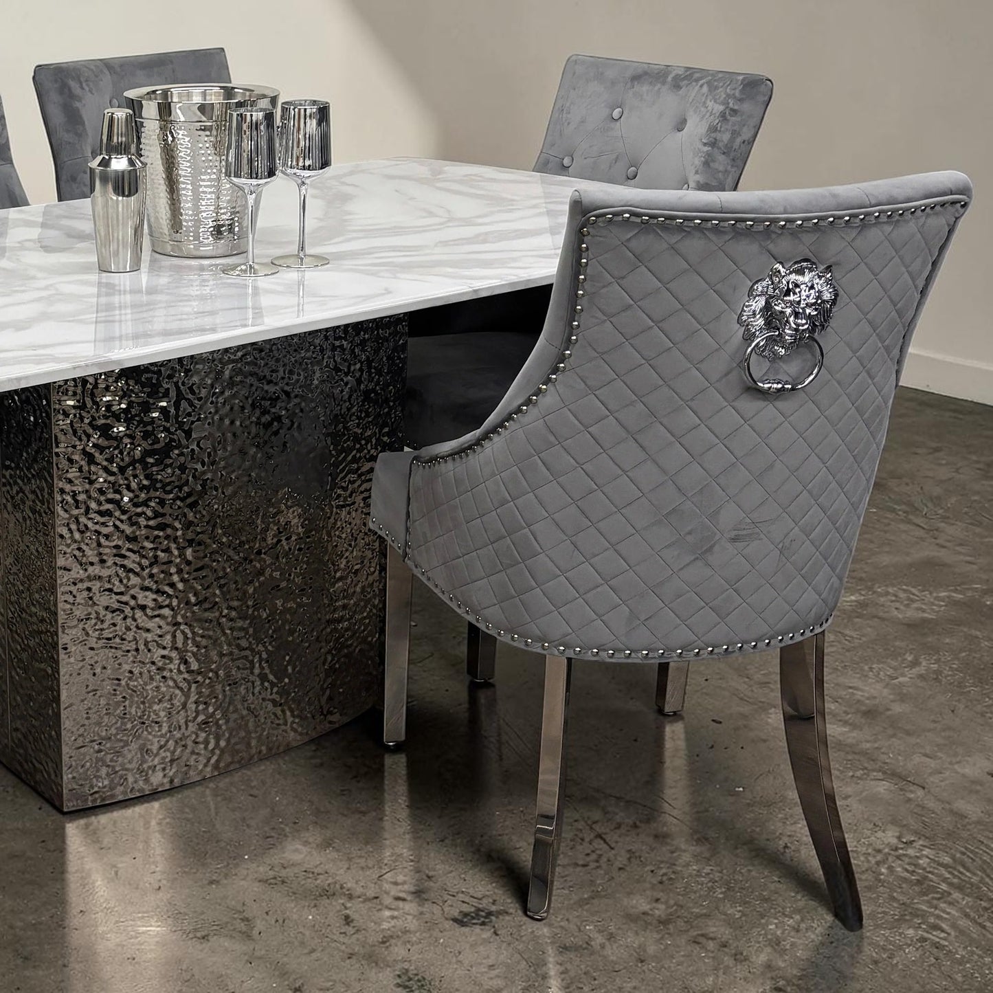 Bentley Dark Grey Velvet Dining Chair With Chrome Legs And Lion Knocker