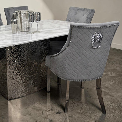 Bentley Dark Grey Velvet Dining Chair With Chrome Legs And Lion Knocker