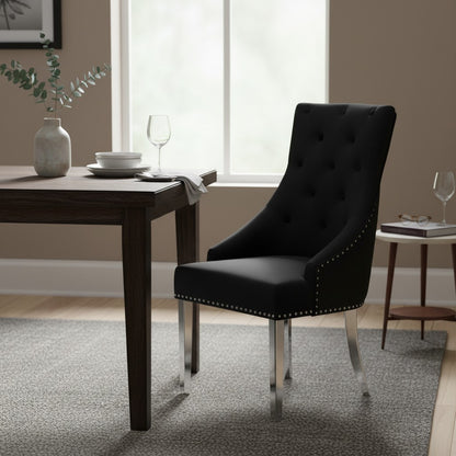 Bentley Black Velvet Dining Chair With Chrome Legs And Lion Knocker