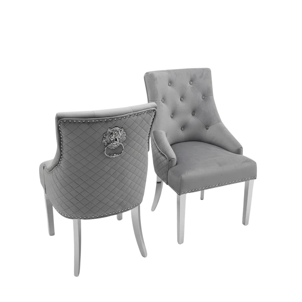 Bentley Dark Grey Velvet Dining Chair With Chrome Legs And Lion Knocker