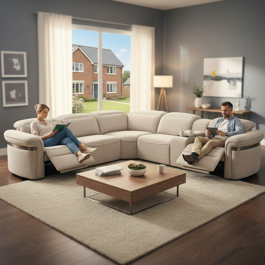 Bicester Electric Recliner Beige Fabric Large Corner Sofa