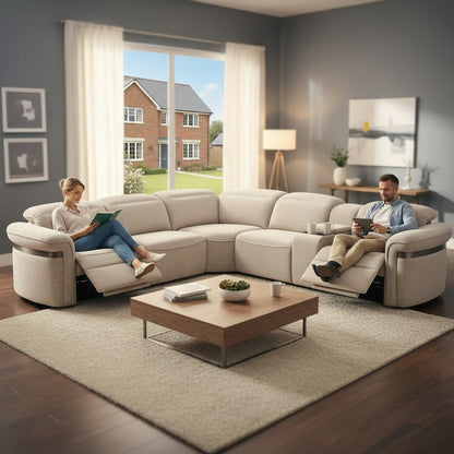 Bicester Electric Recliner Beige Fabric Large Corner Sofa