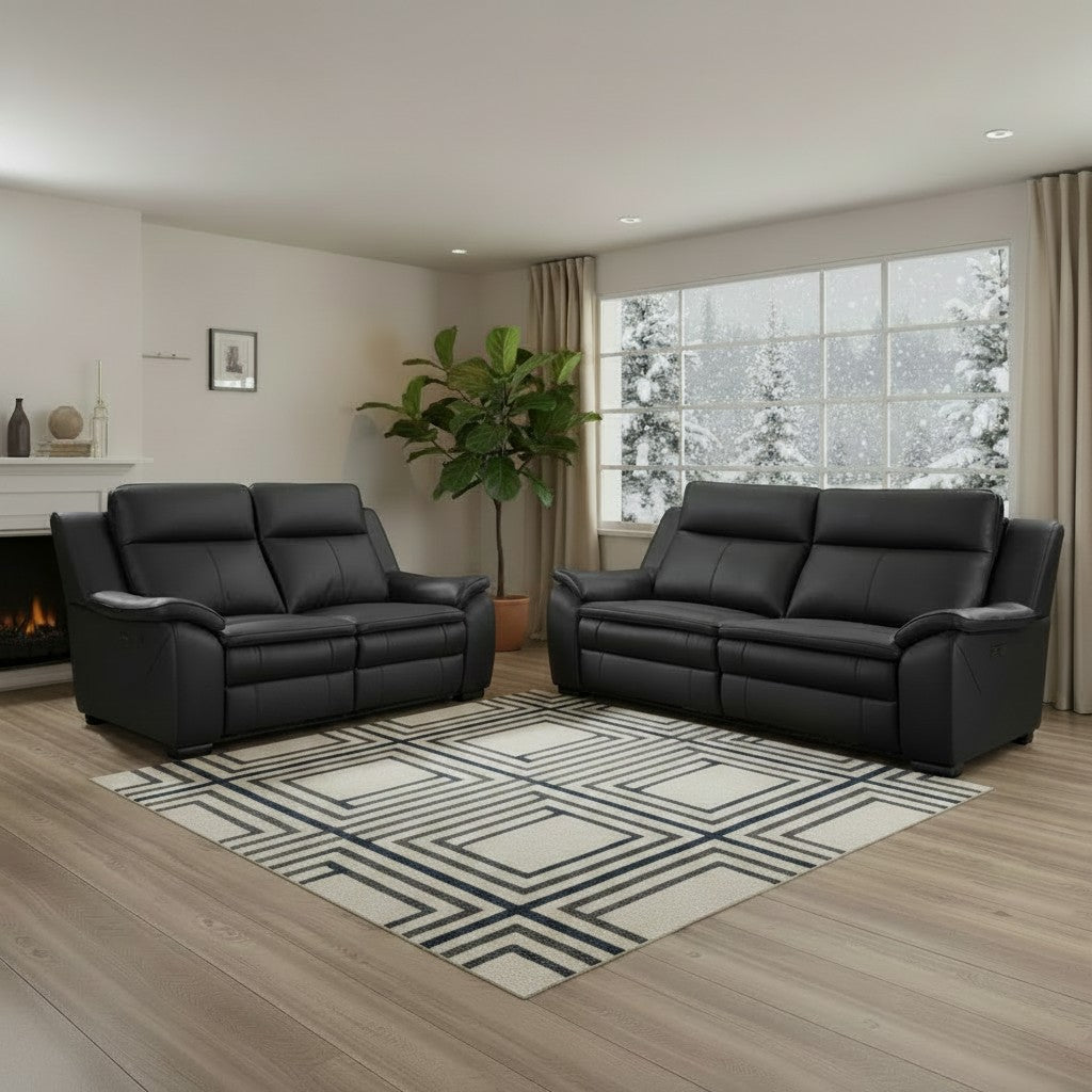 Boston Electric Recliner Black Genuine Leather 3+2 Sofa Suite