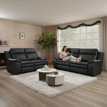 Boston Electric Recliner Black Genuine Leather 3+2 Sofa Suite