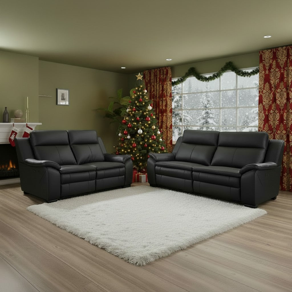 Boston Electric Recliner Black Genuine Leather 3+2 Sofa Suite