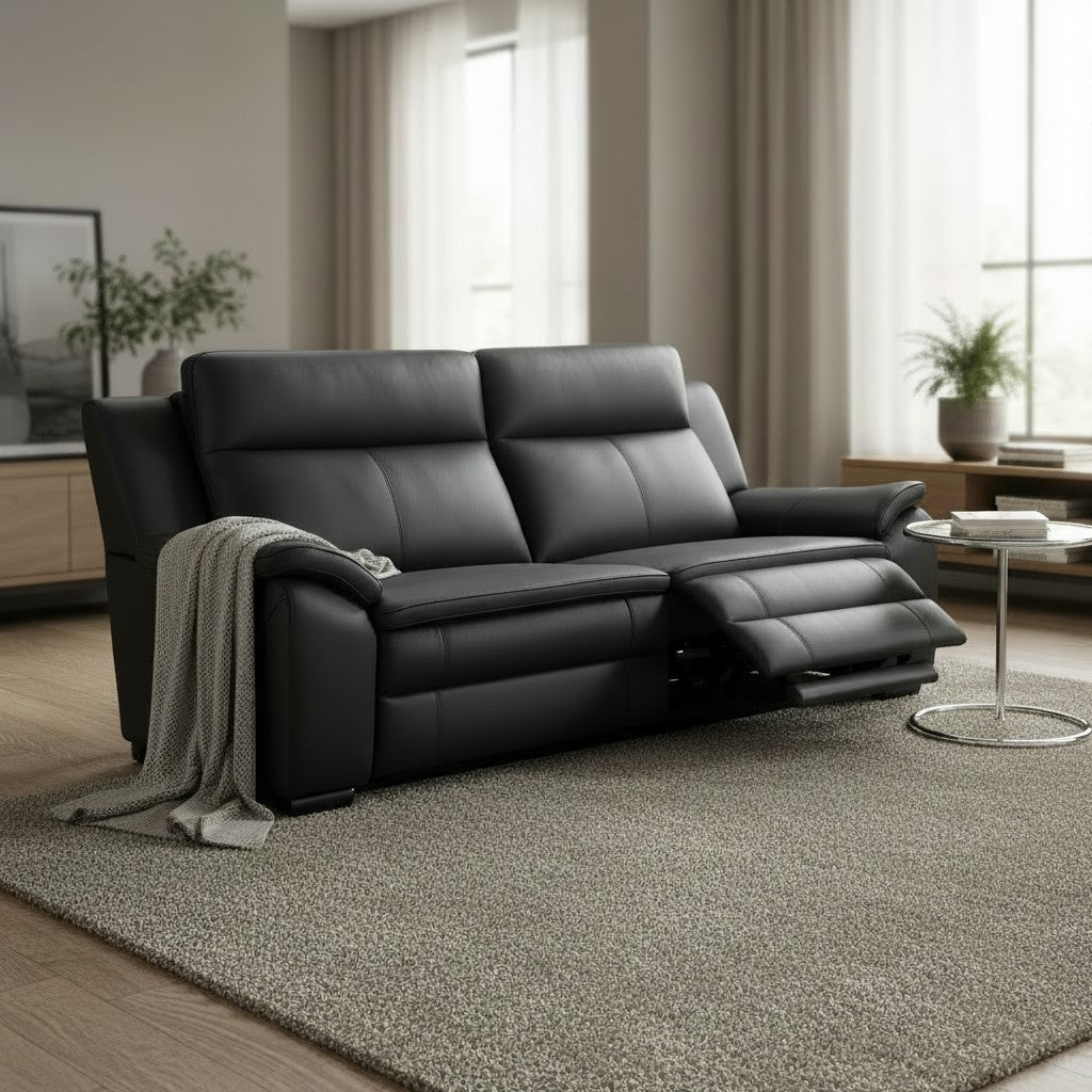 Boston Electric Recliner Black Genuine Leather 3 Seater Sofa