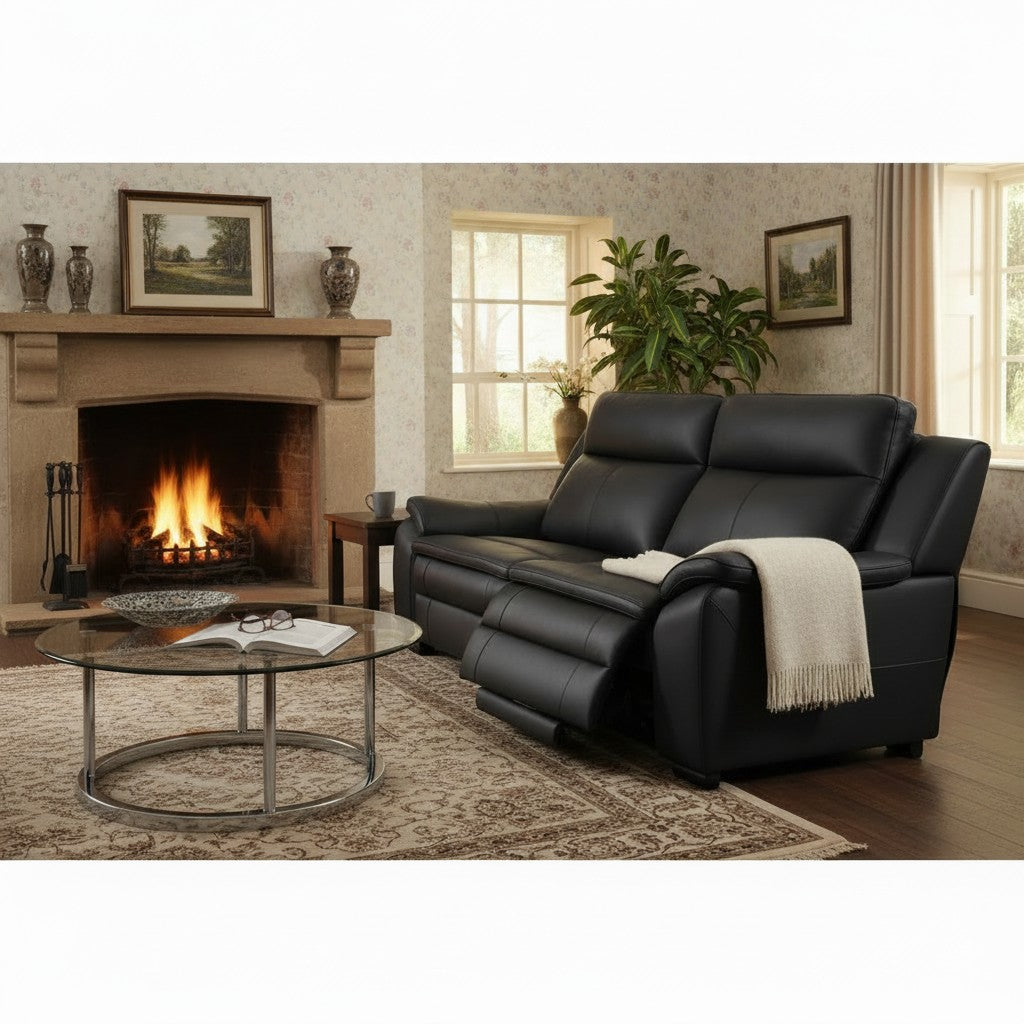 Boston Electric Recliner Black Genuine Leather 3 Seater Sofa