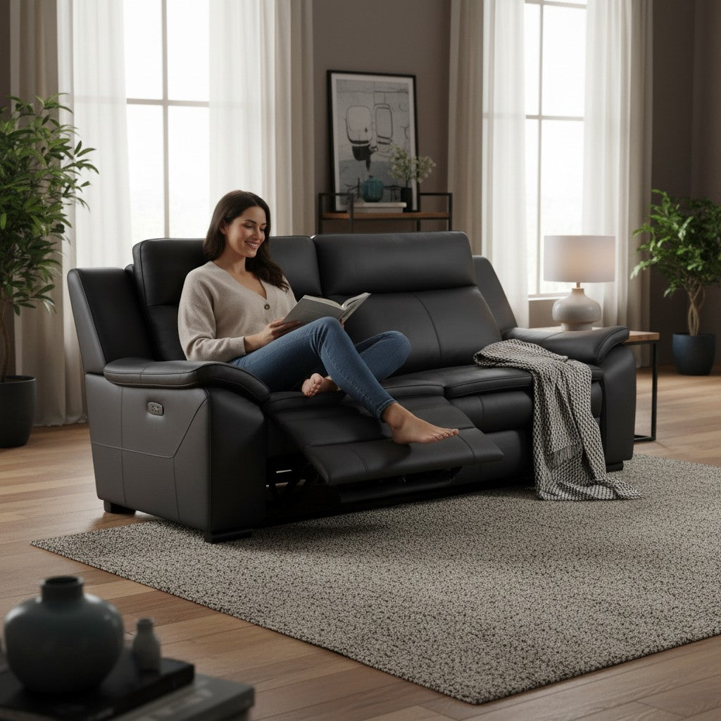 Boston Electric Recliner Black Genuine Leather 3 Seater Sofa