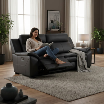 Boston Electric Recliner Black Genuine Leather 3 Seater Sofa