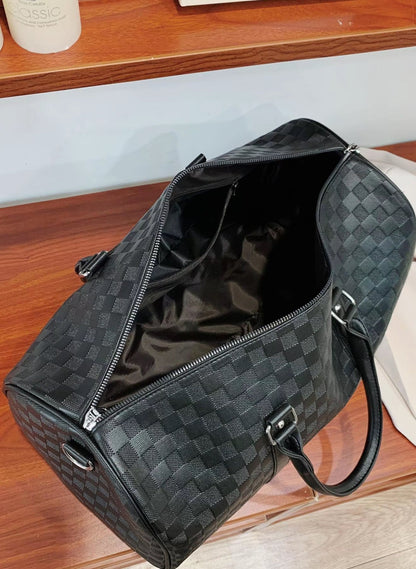 Luxury Black Checkered Duffel Bag with Shoulder Strap