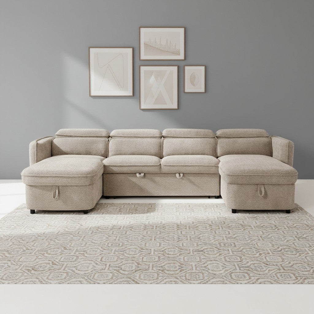 Capri Sofabed Beige Fabric U Shape Storage Corner Sofa