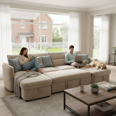 Capri Sofabed Beige Fabric U Shape Storage Corner Sofa