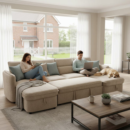 Capri Sofabed Beige Fabric U Shape Storage Corner Sofa