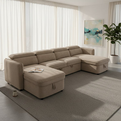 Capri Sofabed Beige Fabric U Shape Storage Corner Sofa