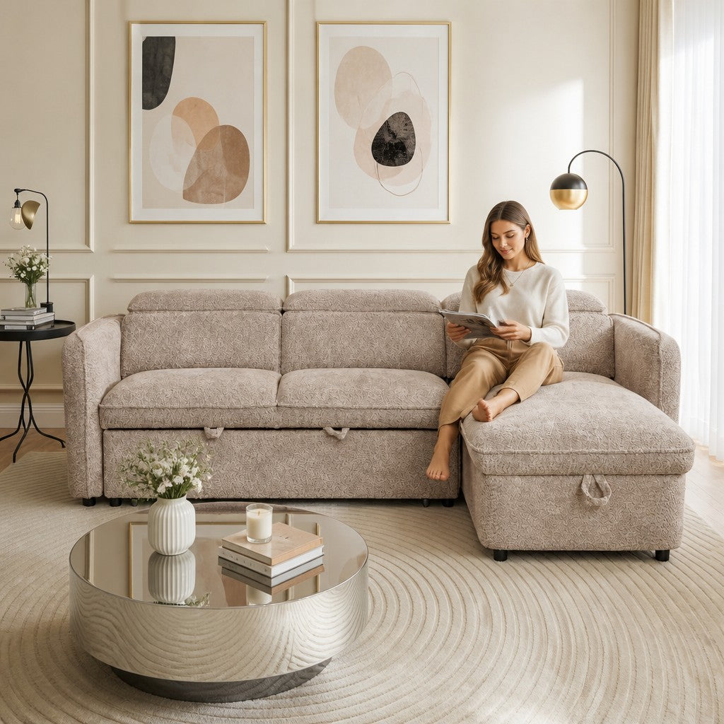 Capri Sofabed Beige Fabric Universal Storage Corner Sofa
