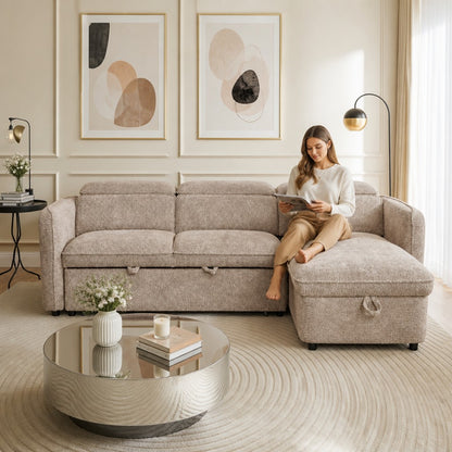 Capri Sofabed Beige Fabric Universal Storage Corner Sofa