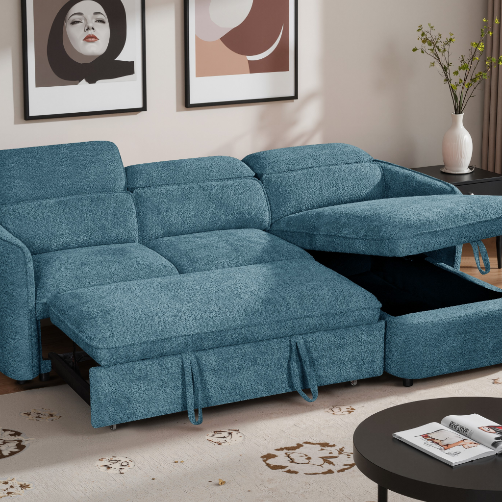 Capri Sofabed Blue Fabric Universal Storage Corner Sofa