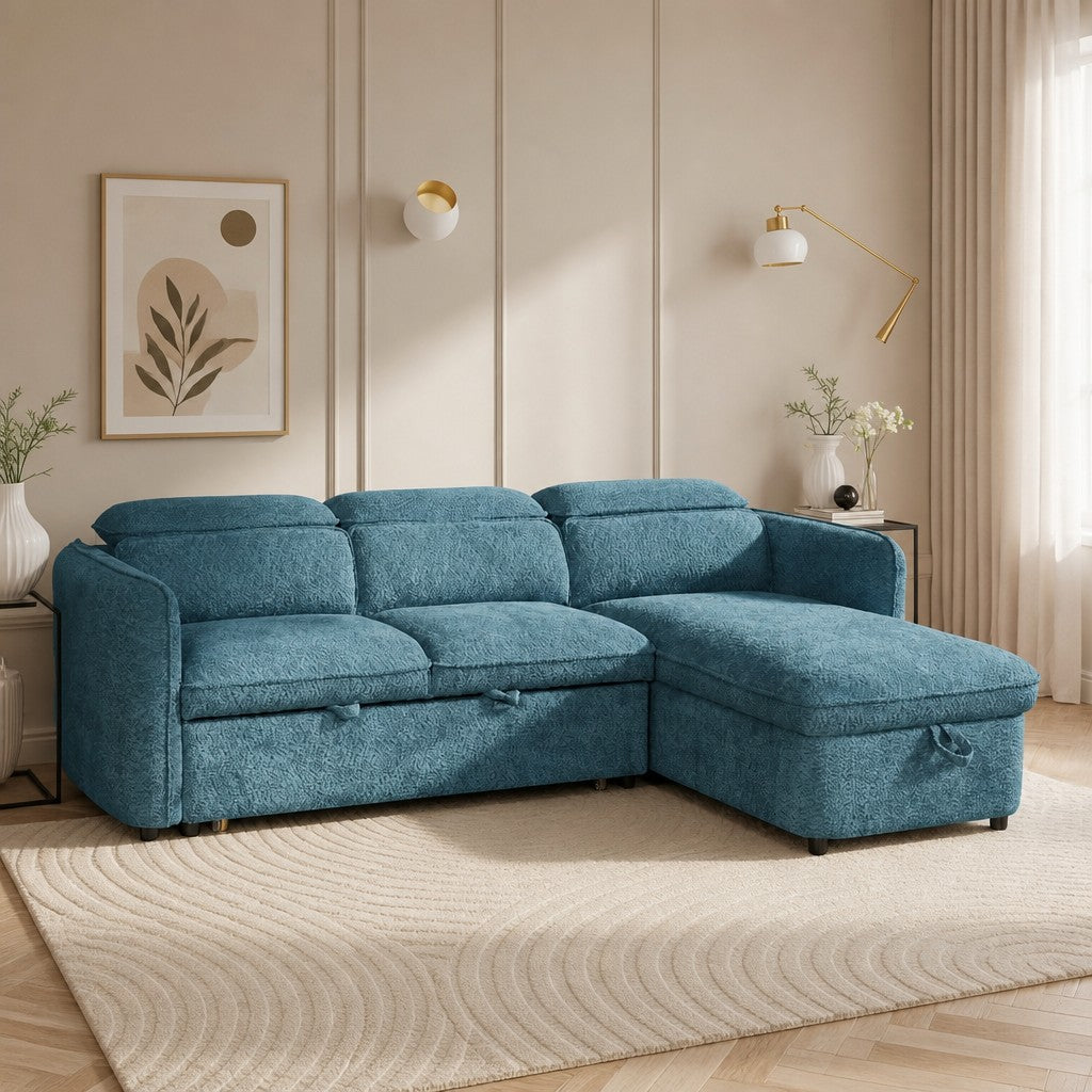 Capri Sofabed Blue Fabric Universal Storage Corner Sofa
