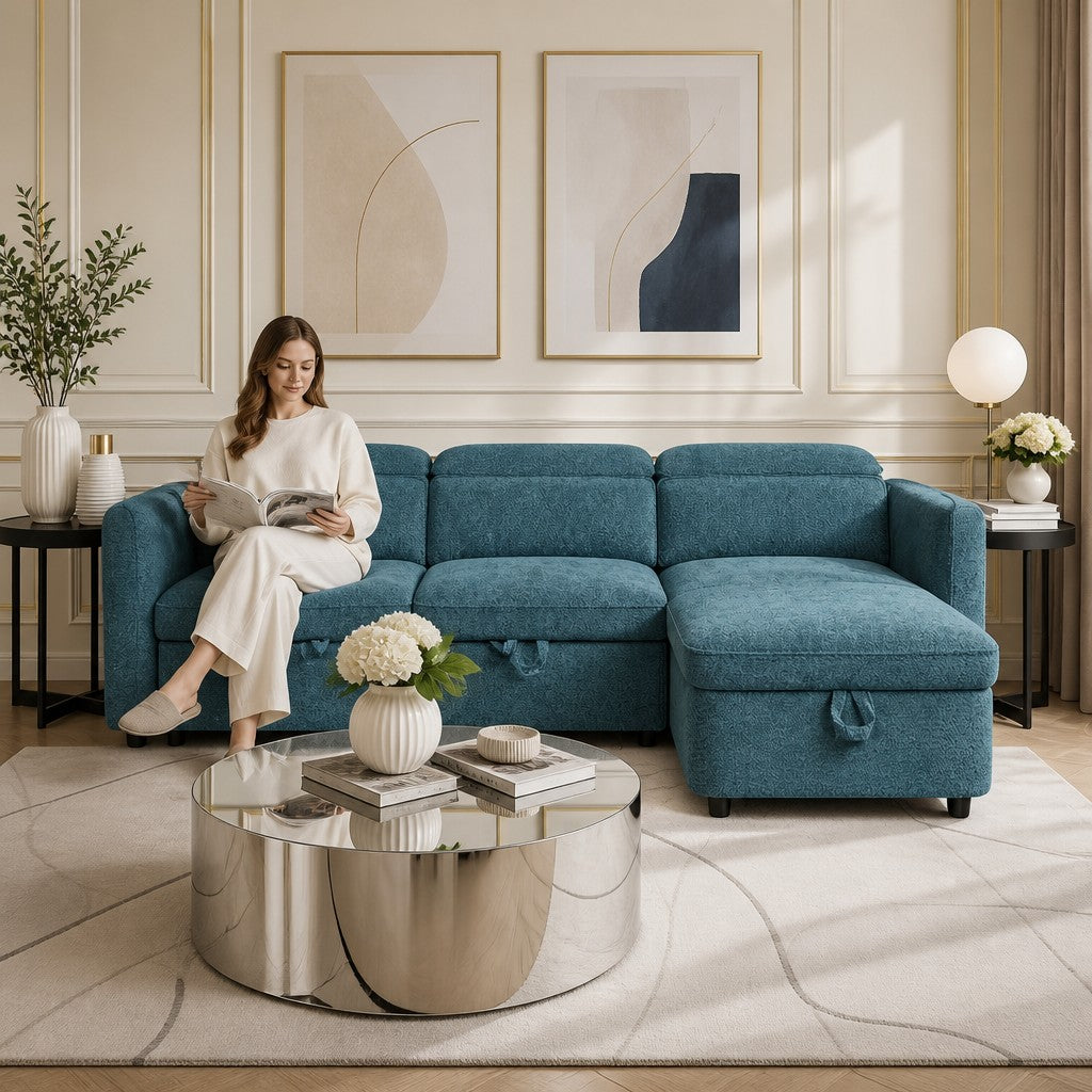 Capri Sofabed Blue Fabric Universal Storage Corner Sofa