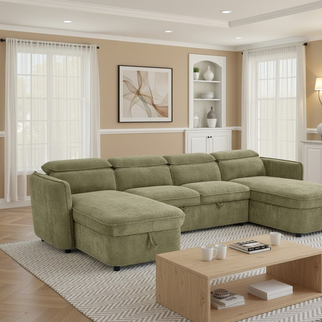 Capri Sofabed Green Fabric U Shape Storage Corner Sofa