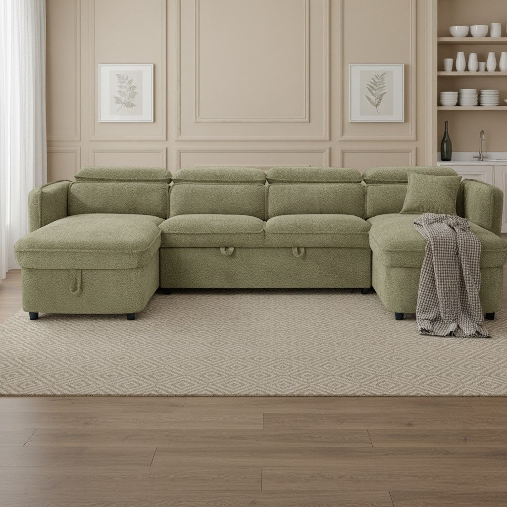Capri Sofabed Green Fabric U Shape Storage Corner Sofa
