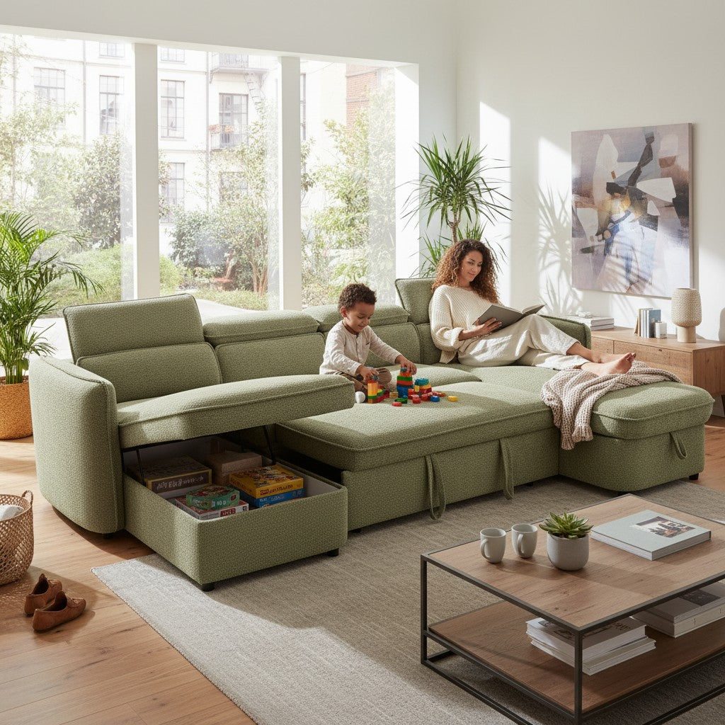 Capri Sofabed Green Fabric U Shape Storage Corner Sofa