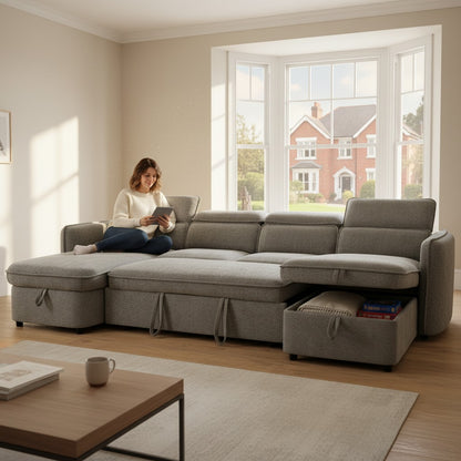 Capri Sofabed Grey Fabric U Shape Storage Corner Sofa