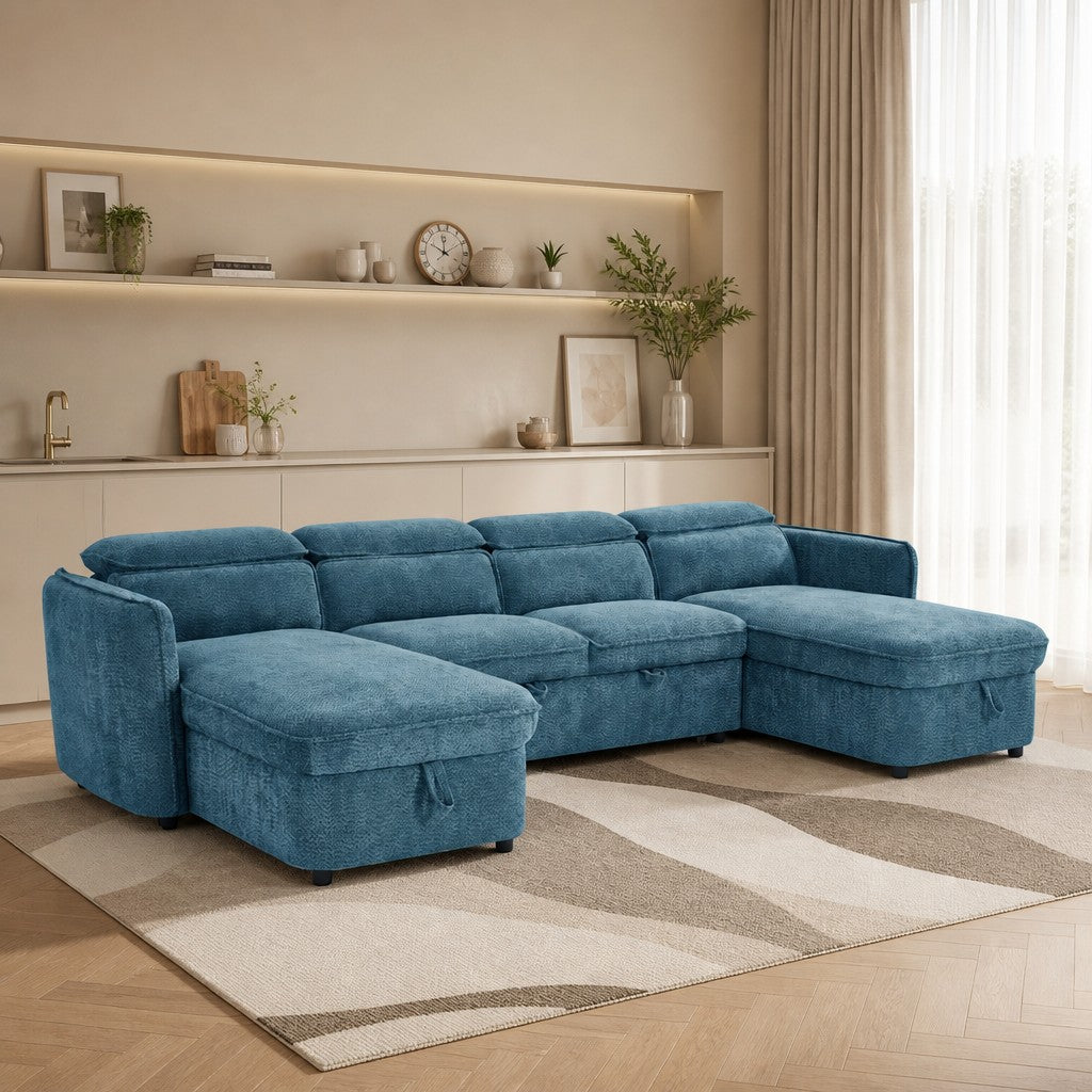 Capri Sofabed Blue Fabric U Shape Storage Corner Sofa