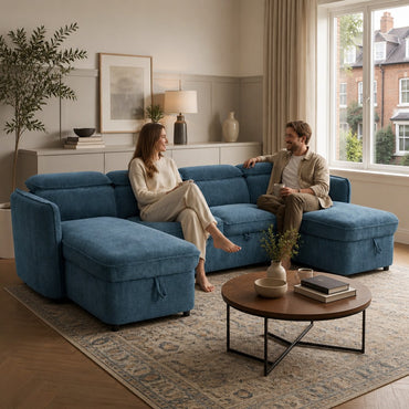 Capri Sofabed Blue Fabric U Shape Storage Corner Sofa