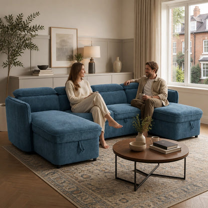 Capri Sofabed Blue Fabric U Shape Storage Corner Sofa