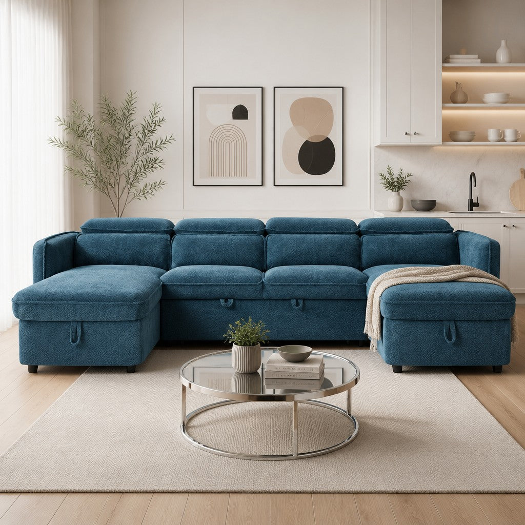 Capri Sofabed Blue Fabric U Shape Storage Corner Sofa