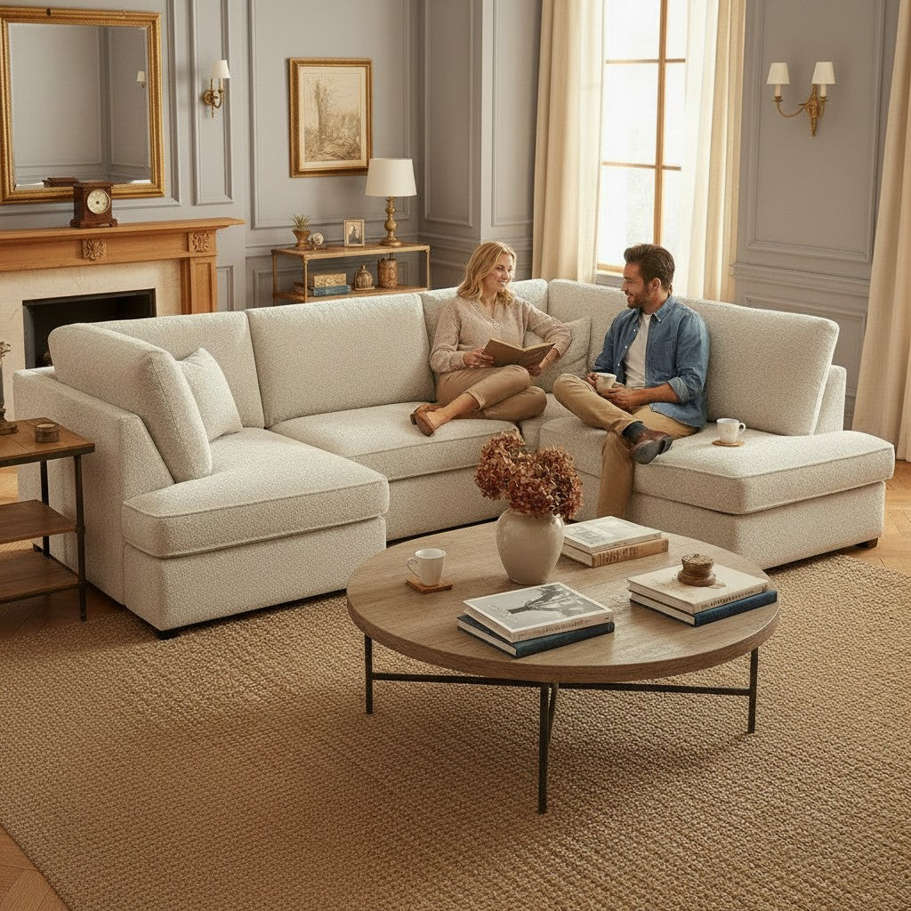 Carnaby Beige Cream Boucle Fabric U Shape Corner Sofa