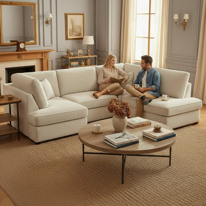 Carnaby Beige Cream Boucle Fabric U Shape Corner Sofa