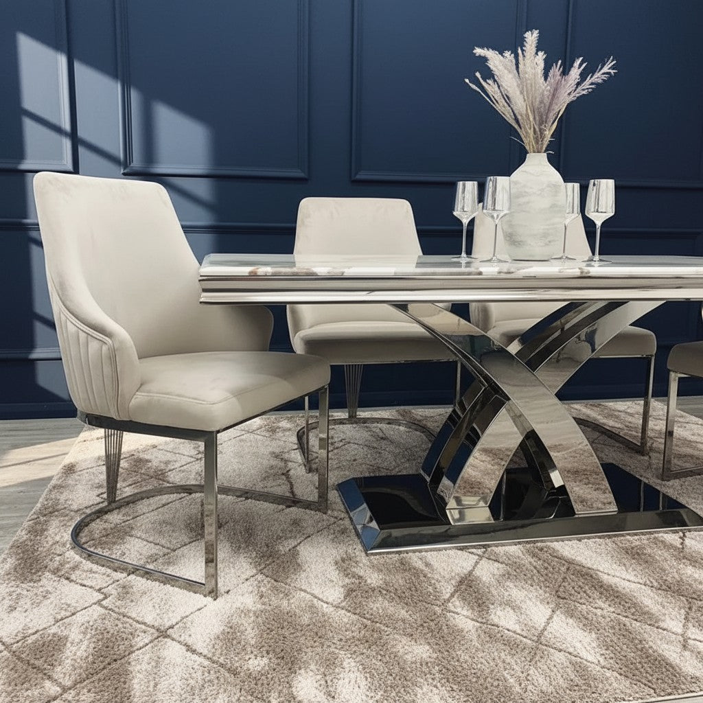 Chelmsford Dining Chair In Beige/Cream Velvet Fabric With Silver Frame