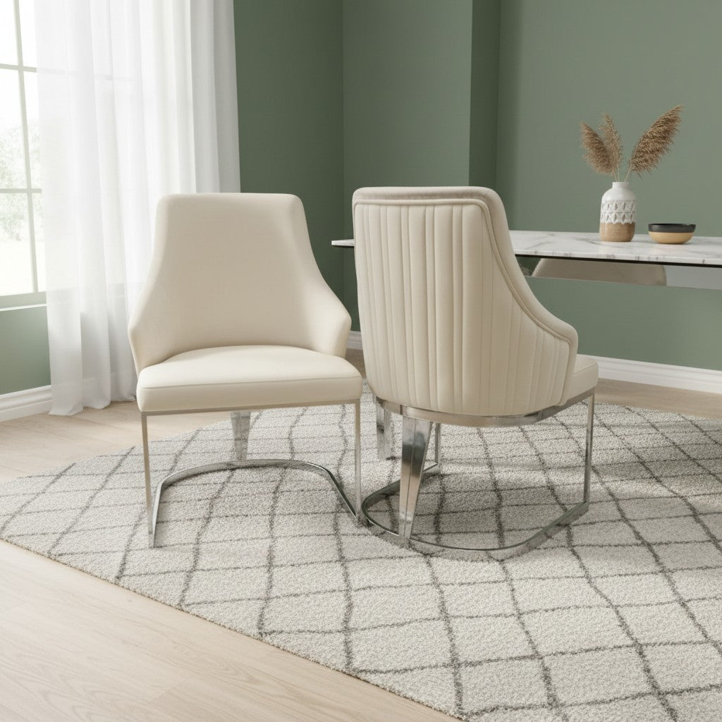 Chelmsford Dining Chair In Beige/Cream Velvet Fabric With Silver Frame