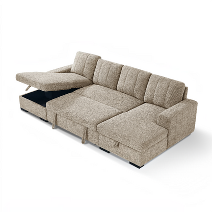 Como Sofabed Beige Fabric U Shape Storage Corner Sofa