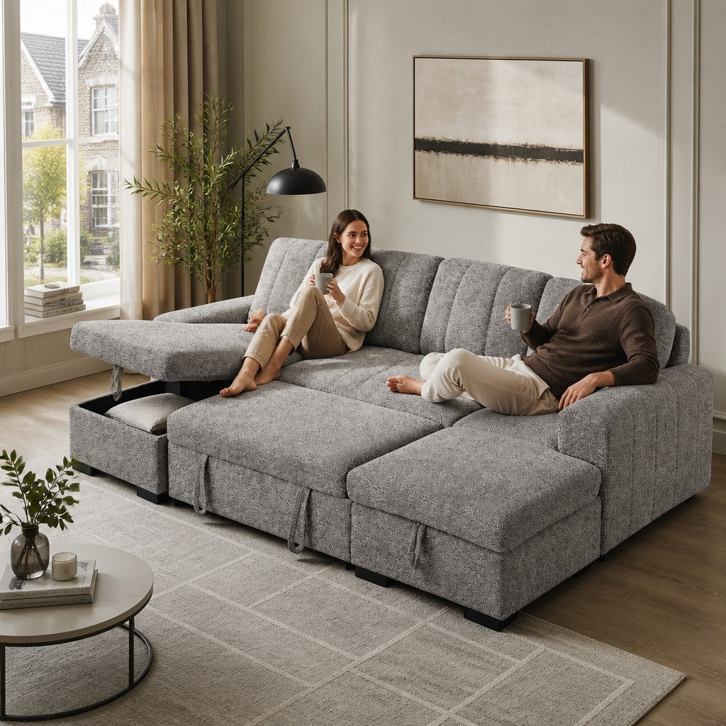 Como Sofabed Grey Fabric U Shape Storage Corner Sofa
