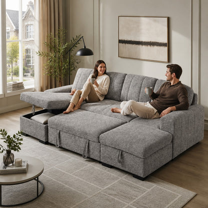 Como Sofabed Grey Fabric U Shape Storage Corner Sofa