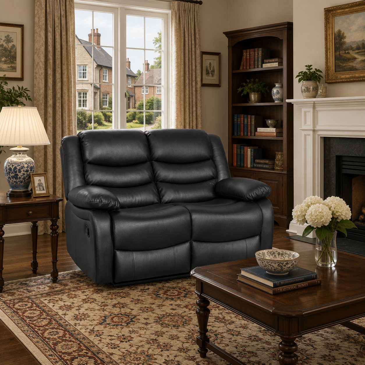 Conrad Manual Recliner Black Faux Leather 2 Seater Sofa