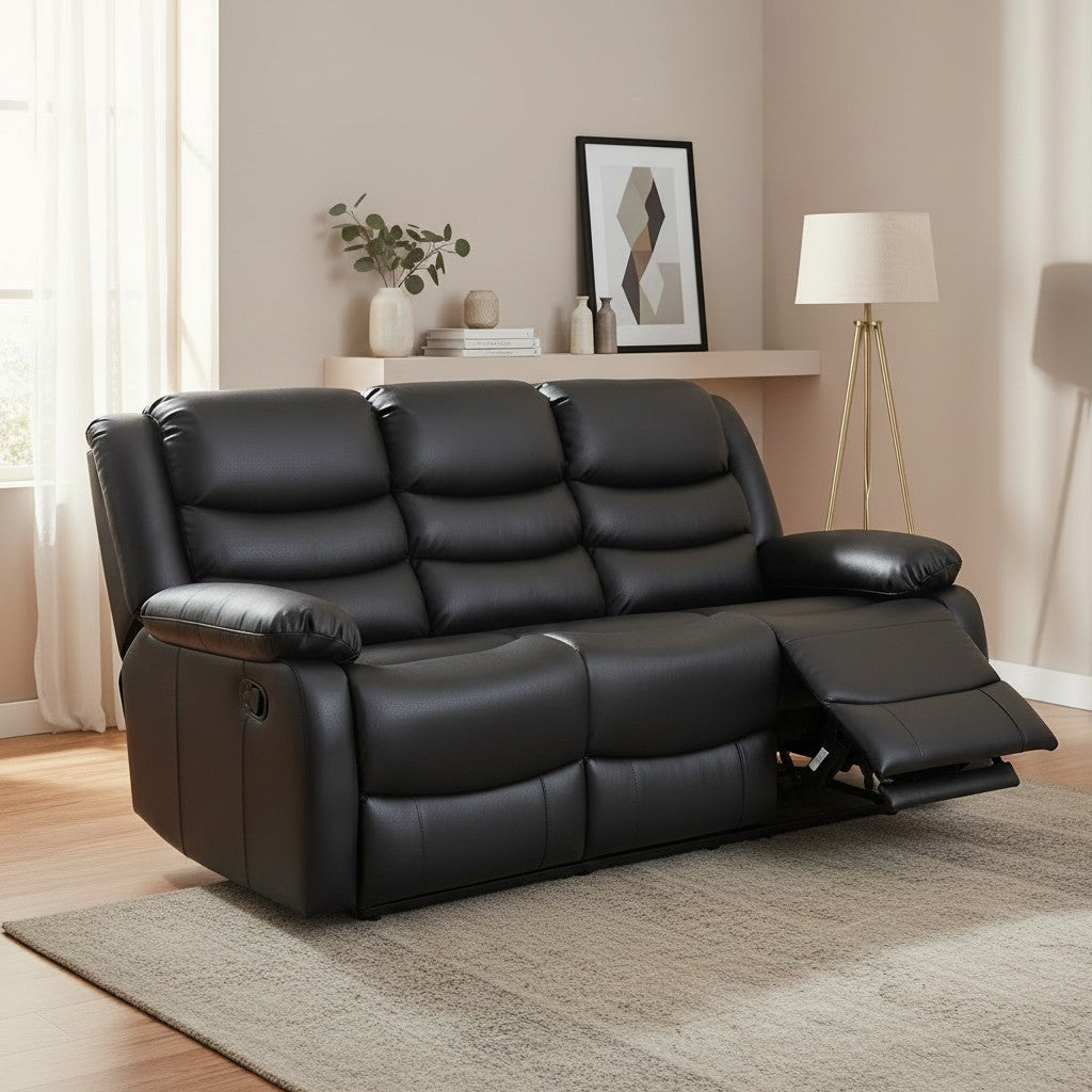 Conrad Manual Recliner Black Faux Leather 3 Seater Sofa
