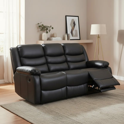Conrad Manual Recliner Black Faux Leather 3 Seater Sofa