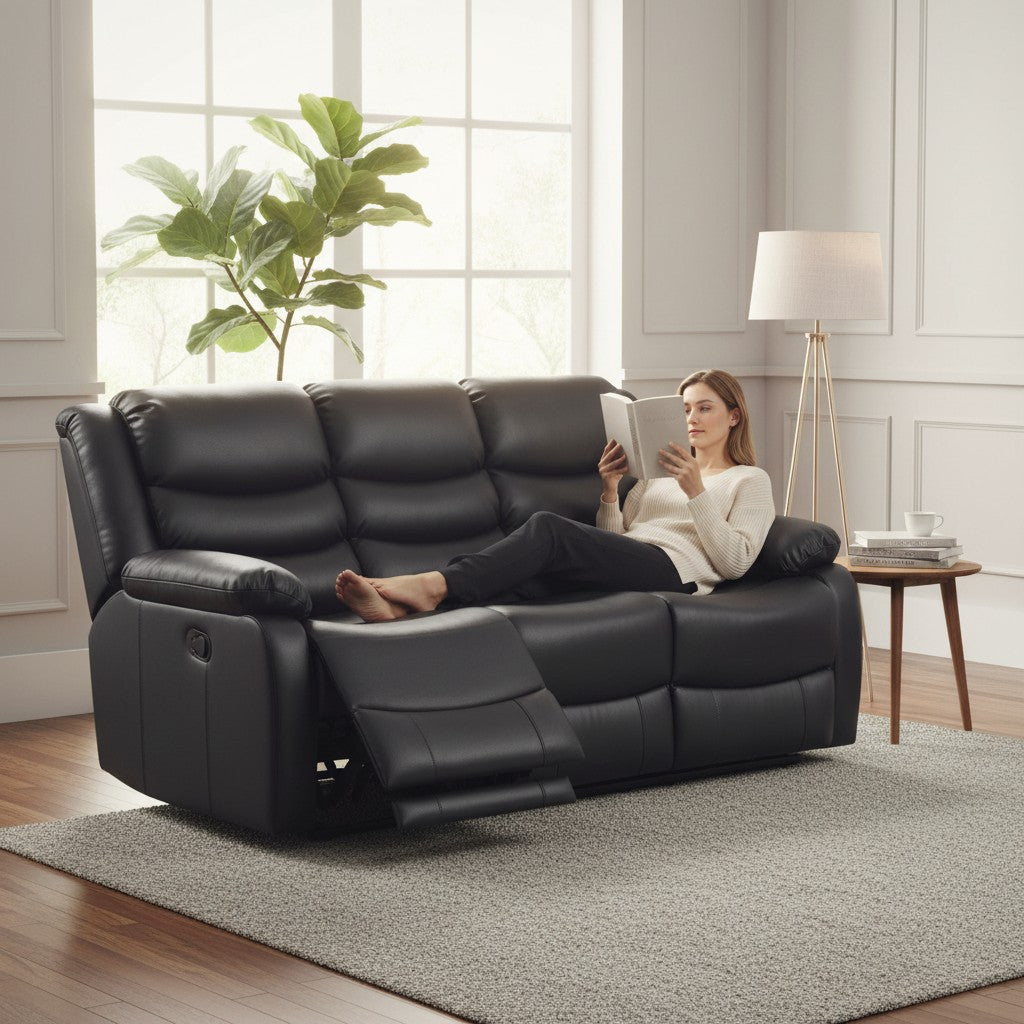 Conrad Manual Recliner Black Faux Leather 3 Seater Sofa