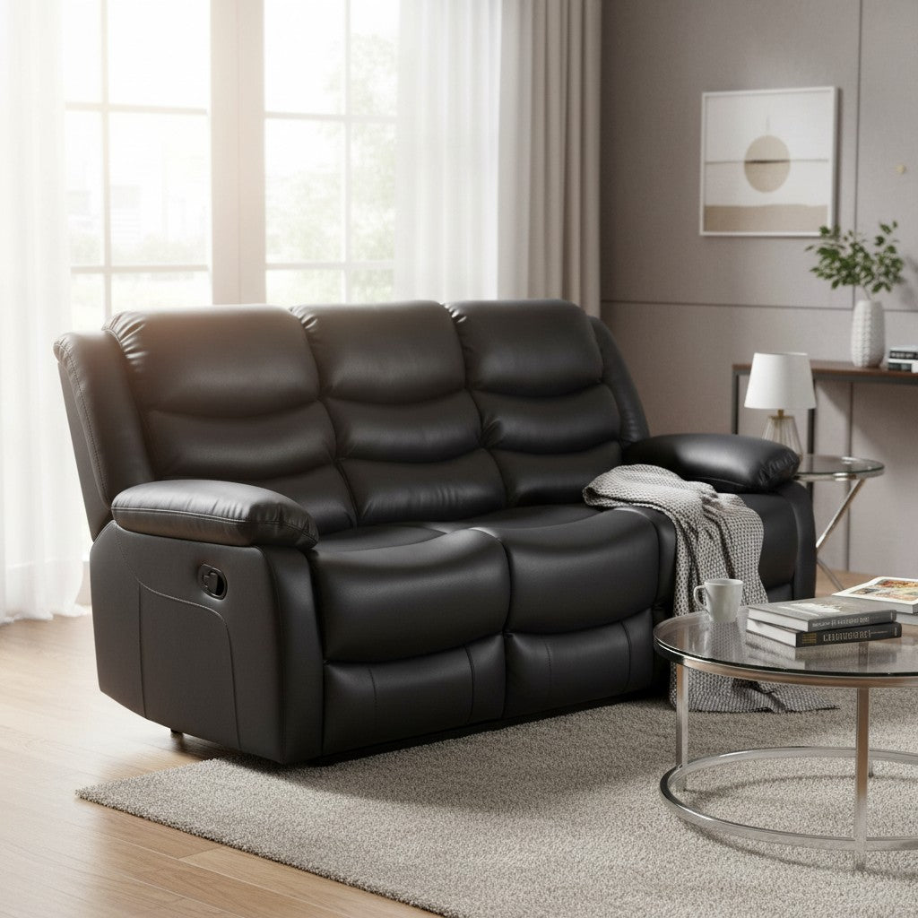 Conrad Manual Recliner Black Faux Leather 3 Seater Sofa