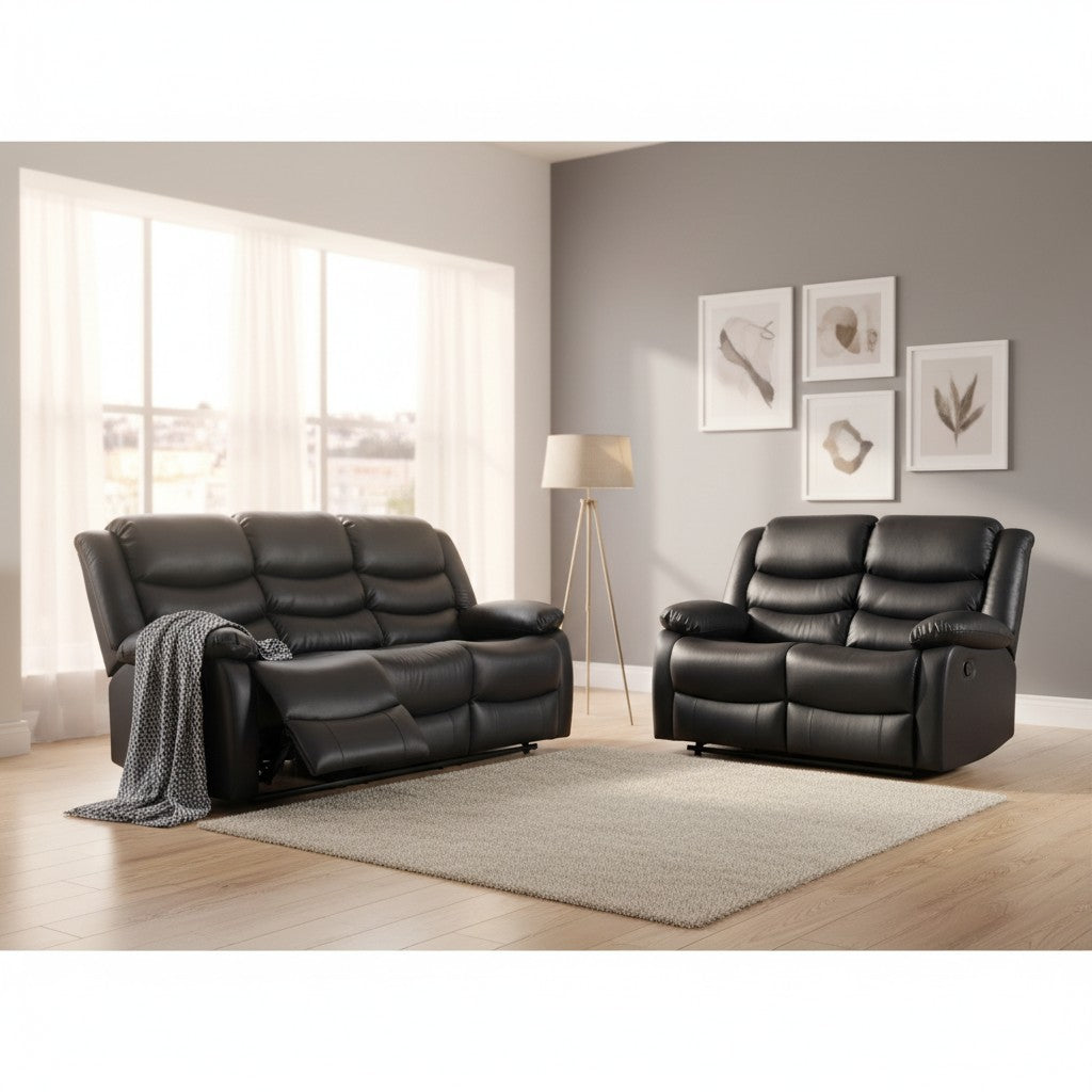 Conrad Manual Recliner Black Faux Leather 3+2 Sofa Suite