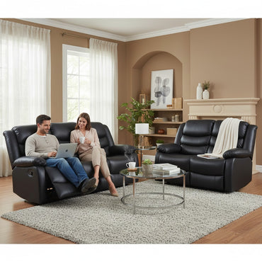 Conrad Manual Recliner Black Faux Leather 3+2 Sofa Suite