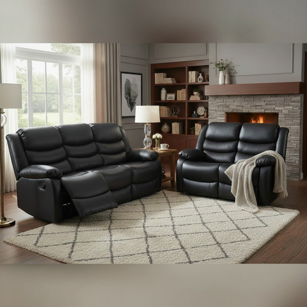 Conrad Manual Recliner Black Faux Leather 3+2 Sofa Suite