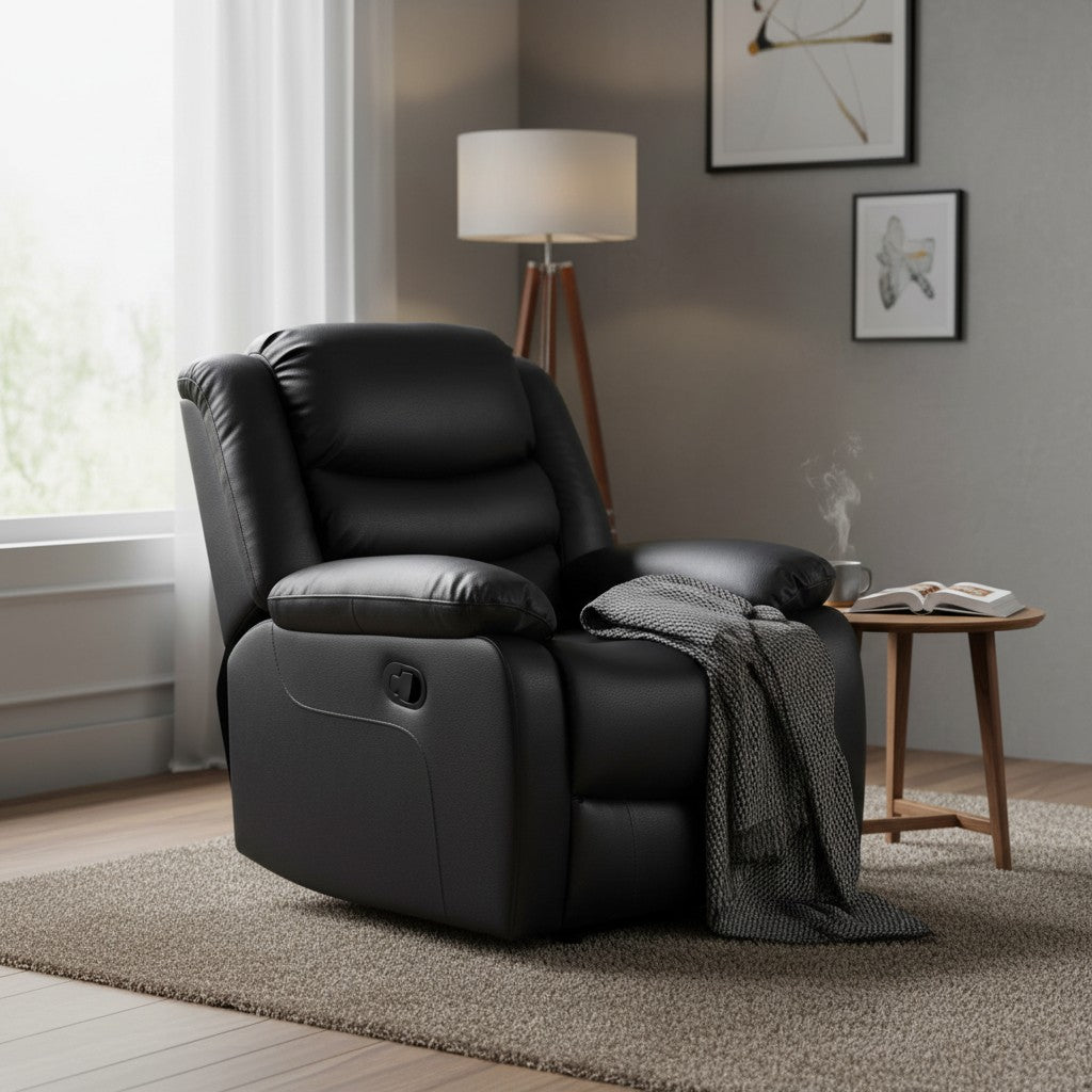 Conrad Manual Recliner Black Faux Leather Armchair