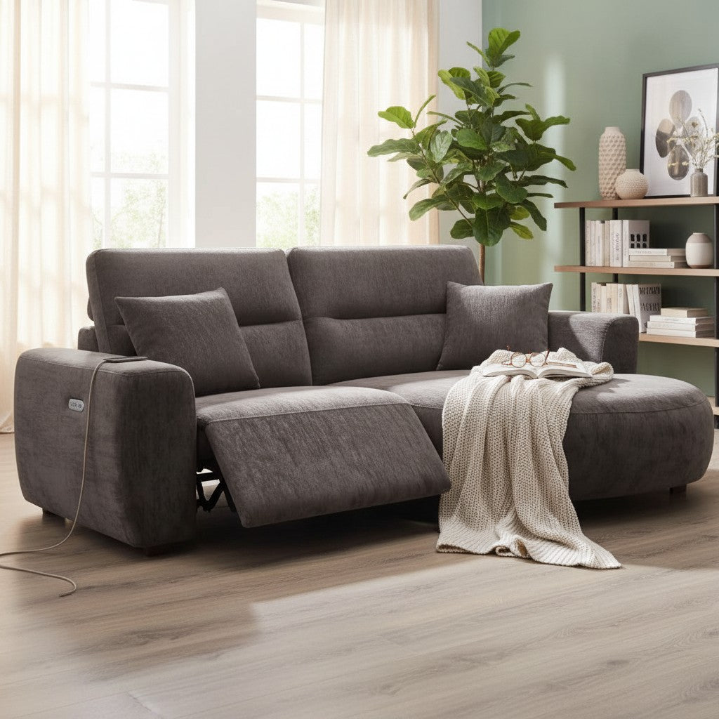 Denver Black Fabric Electric Recliner Rounded Chaise Right Hand Sofa